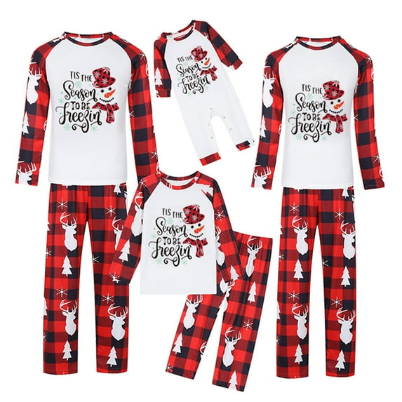 Hirigin Store (Mom)Christmas Family Pajamas Matching Set, Snowman Letters Print T-shirt with Plaid Pants Sleepwear Loungewear