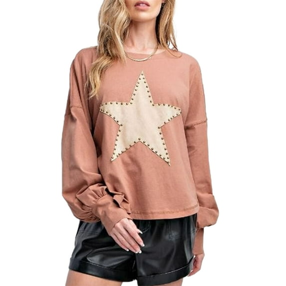 Hirigin Store Star Studded Patch Sweatshirt Loose Casual Crewneck Long Sleeve Pullover Tops for Women - Perfect for Spring and Fall Streetwear