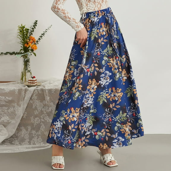Hirigin Store Women Long Skirt, Elegant High Waisted Skirt Solid/Flower Print Summer Swing Skirt
