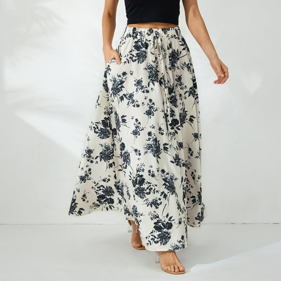 Hirigin Store Women Long Skirt, Elegant High Waisted Skirt Solid/Flower Print Summer Swing Skirt