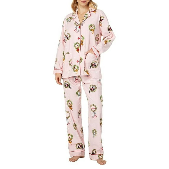 Hirigin Store Women's 2 Piece Lounge Set Long Sleeve Candy Cane/Santa Claus/Wreath Print Shirt Wide Leg Pants Sleepwear Sets
