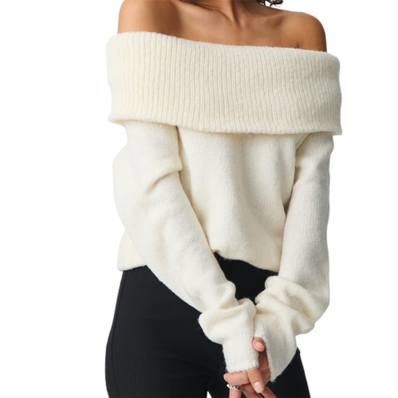 Hirigin Store Women's Off Shoulder Crop Sweater Solid Color Boat Neck Long Sleeve Loose Knitwear Pullover