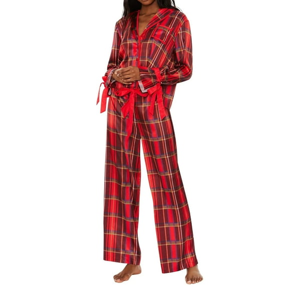 Hirigin Store Women's Plaid Pajama Set, Long Sleeve Lapel Neck Button Down Tops + Elastic Waist Pants 2 Piece Holiday Pajama Set