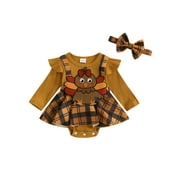 Hirigin Thanksgiving Baby Girl Outfit 3 6 12 18 Months Romper Dress Ribbed Ruffle Turkey Embroidery Skirt Hem Jumpsuit with Headband Set