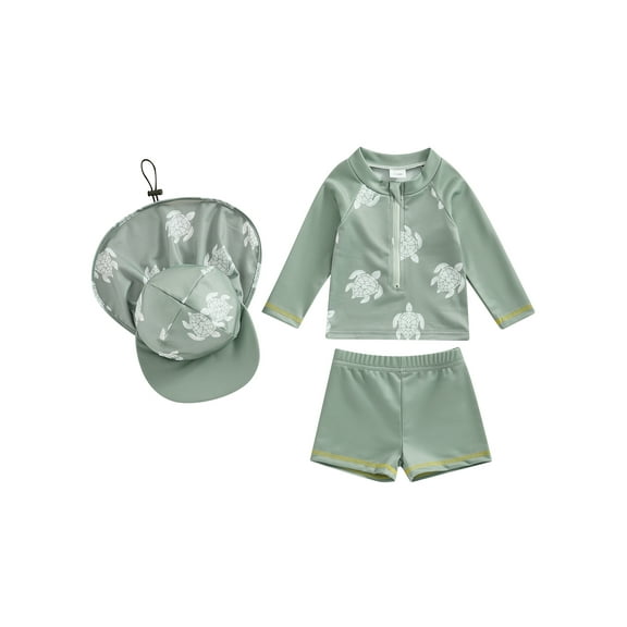 Hirigin Toddler Baby Boy 3-Pieces Swimsuit Sets UPF 50+ Rash Guards Long Sleeve Shark Bathing Suit and Swim Trunks with Sun Hat