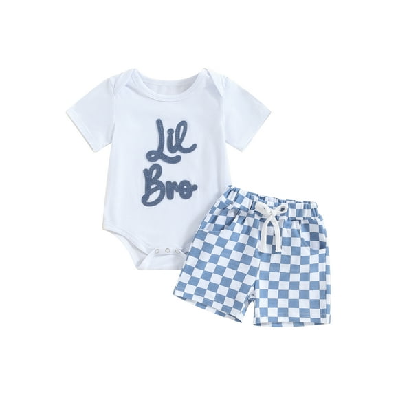 Hirigin Toddler Baby Boy Brother Matching Outfits Letter Embroidery Short Sleeve T Shirt/Romper Checkerborat Shorts Summer Clothes Set