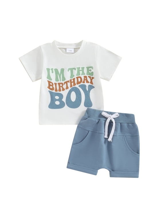 Toddler Baby Boy First Birthday Outfit Letter Print Short Sleeve T Shirt Top and Solid Shorts 2 Piece Summer Clothes