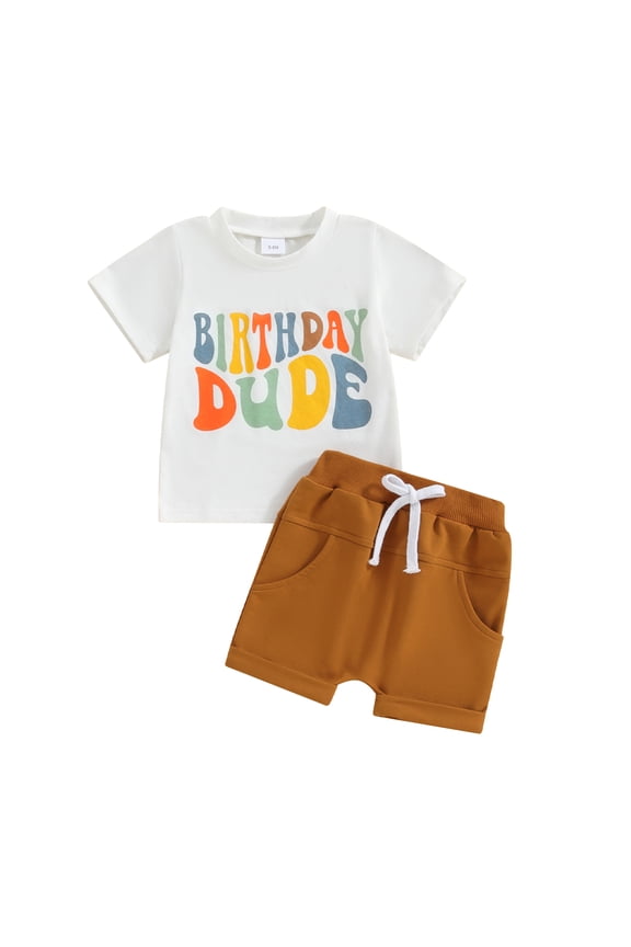 Toddler Baby Boy First Birthday Outfit Letter Print Short Sleeve T Shirt Top and Solid Shorts 2 Piece Summer Clothes