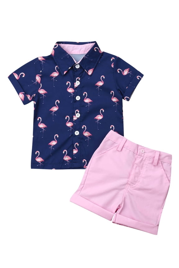 Toddler Baby Boy Flamingo Short Sleeve Button Down Shirt  Casual Shorts Set Summer Outfits 1-6 Years Clothes
