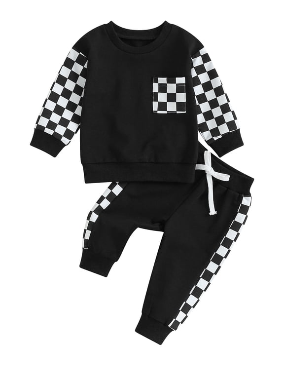 Hirigin Toddler Baby Boy Girl Fall Outfit Checkered Long Sleeve Crewneck Sweatshirt Elastic Waist Pants 2Pcs Clothes Set