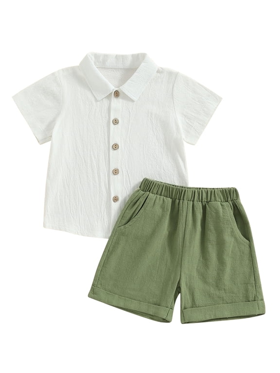 Toddler Baby Boy Linen Outfit Button Down Shirt Plain Shorts Cute Infant Newborn Photoshoot Clothes Summer 2Pcs Set