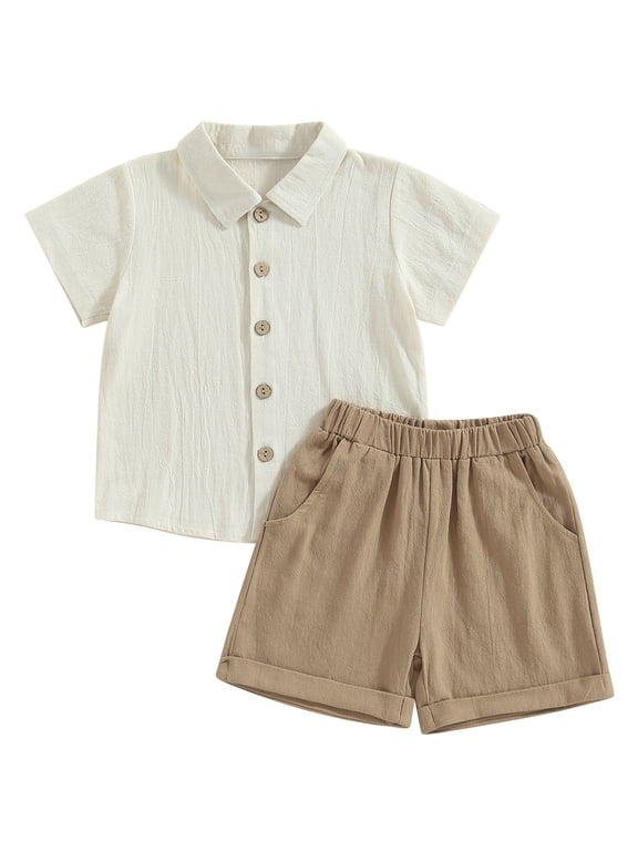 Toddler Baby Boy Linen Outfit Button Down Shirt Plain Shorts Cute Infant Newborn Photoshoot Clothes Summer 2Pcs Set