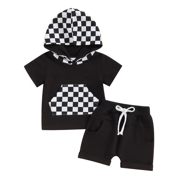 Hirigin Toddler Baby Boy Summer Clothes Sets Checkerboard Plaid Hoodie Short Sleeve T-Shirt Casual Shorts Set Cute Outfits