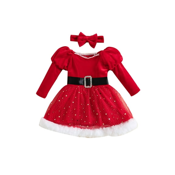 Hirigin Toddler Baby Girl Christmas Dress Santa Claus Romper Dress Red Velvet Long Sleeve Princess Tulle Dress with Headband