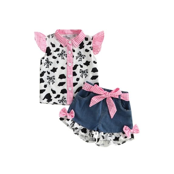 Hirigin Toddler Baby Girl Cowgirl Outfit Cow Print Western Outfits Ruffle Sleeve Shirt Button Down Tops Belted Denim Shorts Summer Clothes