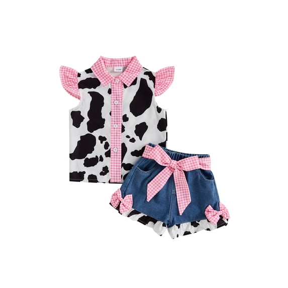 Hirigin Toddler Baby Girl Cowgirl Outfit Cow Print Western Outfits Ruffle Sleeve Shirt Button Down Tops Belted Denim Shorts Summer Clothes