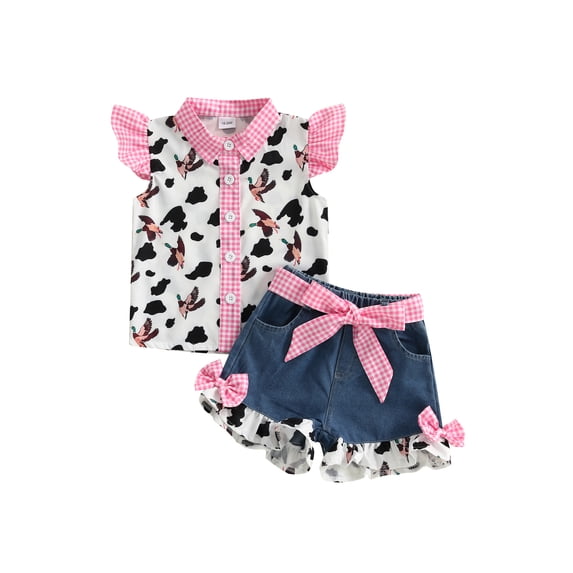 Hirigin Toddler Baby Girl Cowgirl Outfit Cow Print Western Outfits Ruffle Sleeve Shirt Button Down Tops Belted Denim Shorts Summer Clothes