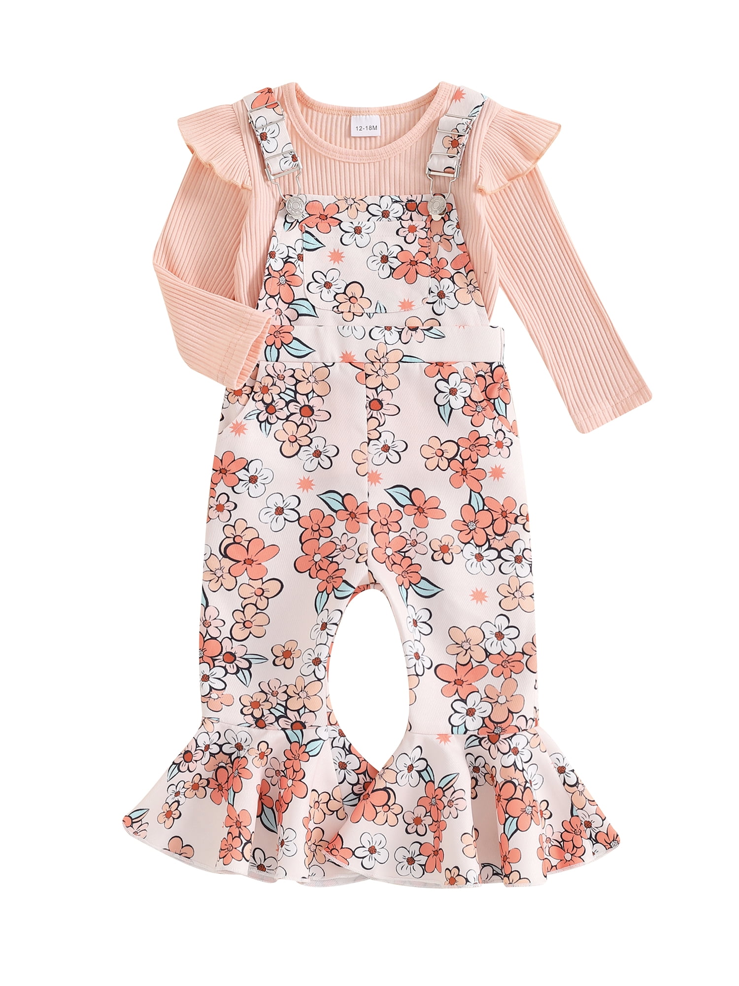 Hirigin Toddler Baby Girl Fall Clothes 1-5 Years Floral Print Overalls Suspender Flare Pants Long Sleeve Ruffle Knit Top 2Pcs Outfits Set