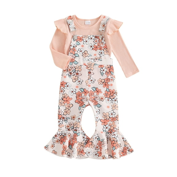 Hirigin Toddler Baby Girl Fall Clothes 1-5 Years Floral Print Overalls Suspender Flare Pants Long Sleeve Ruffle Knit Top 2Pcs Outfits Set