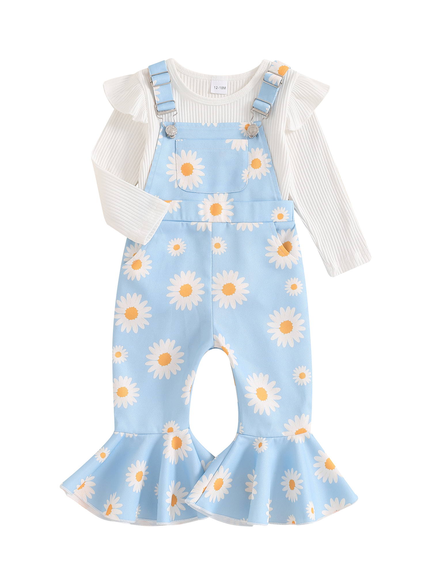 Hirigin Toddler Baby Girl Fall Clothes 1-5 Years Floral Print Overalls Suspender Flare Pants Long Sleeve Ruffle Knit Top 2Pcs Outfits Set