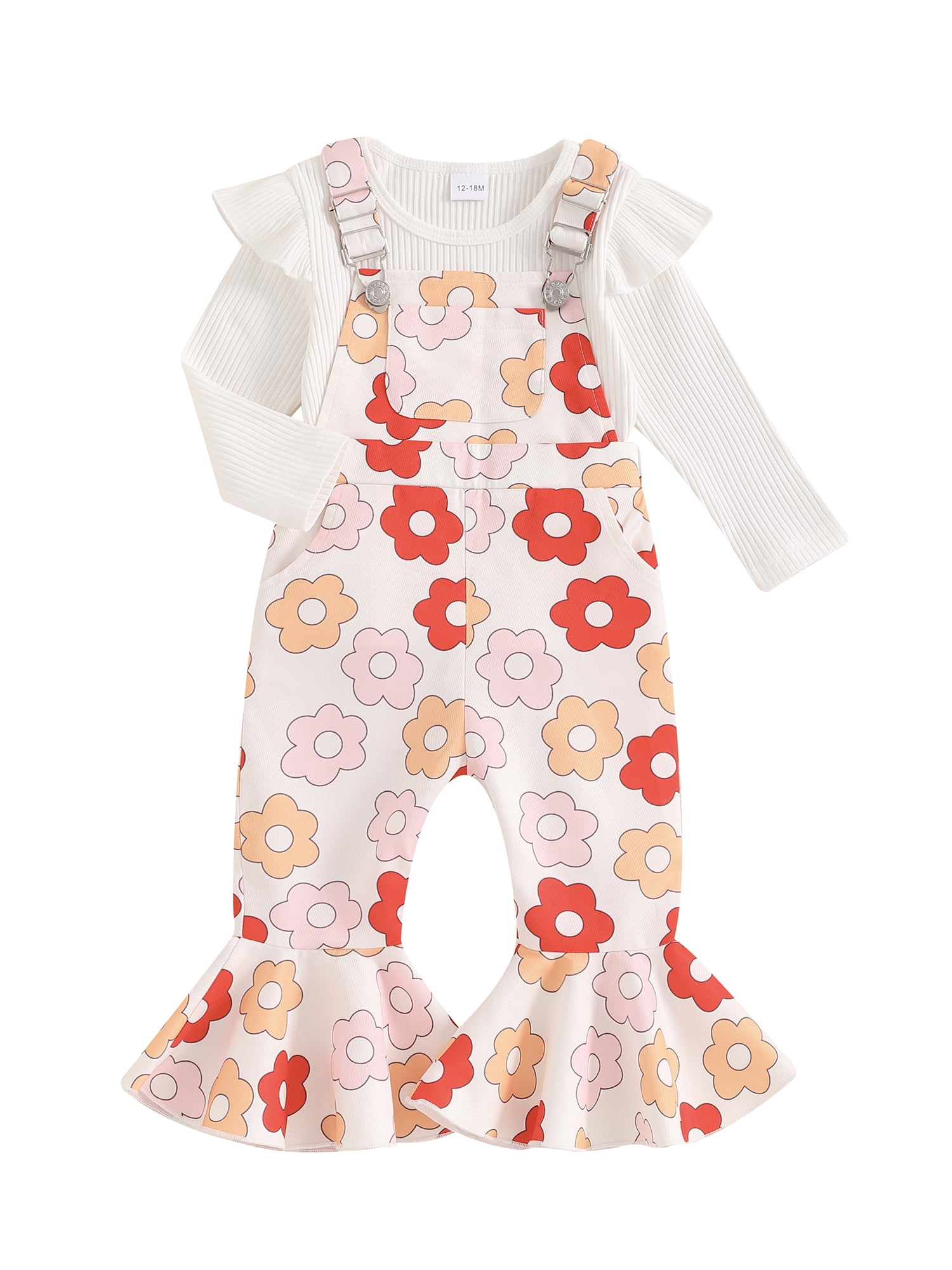 Hirigin Toddler Baby Girl Fall Clothes 1-5 Years Floral Print Overalls Suspender Flare Pants Long Sleeve Ruffle Knit Top 2Pcs Outfits Set