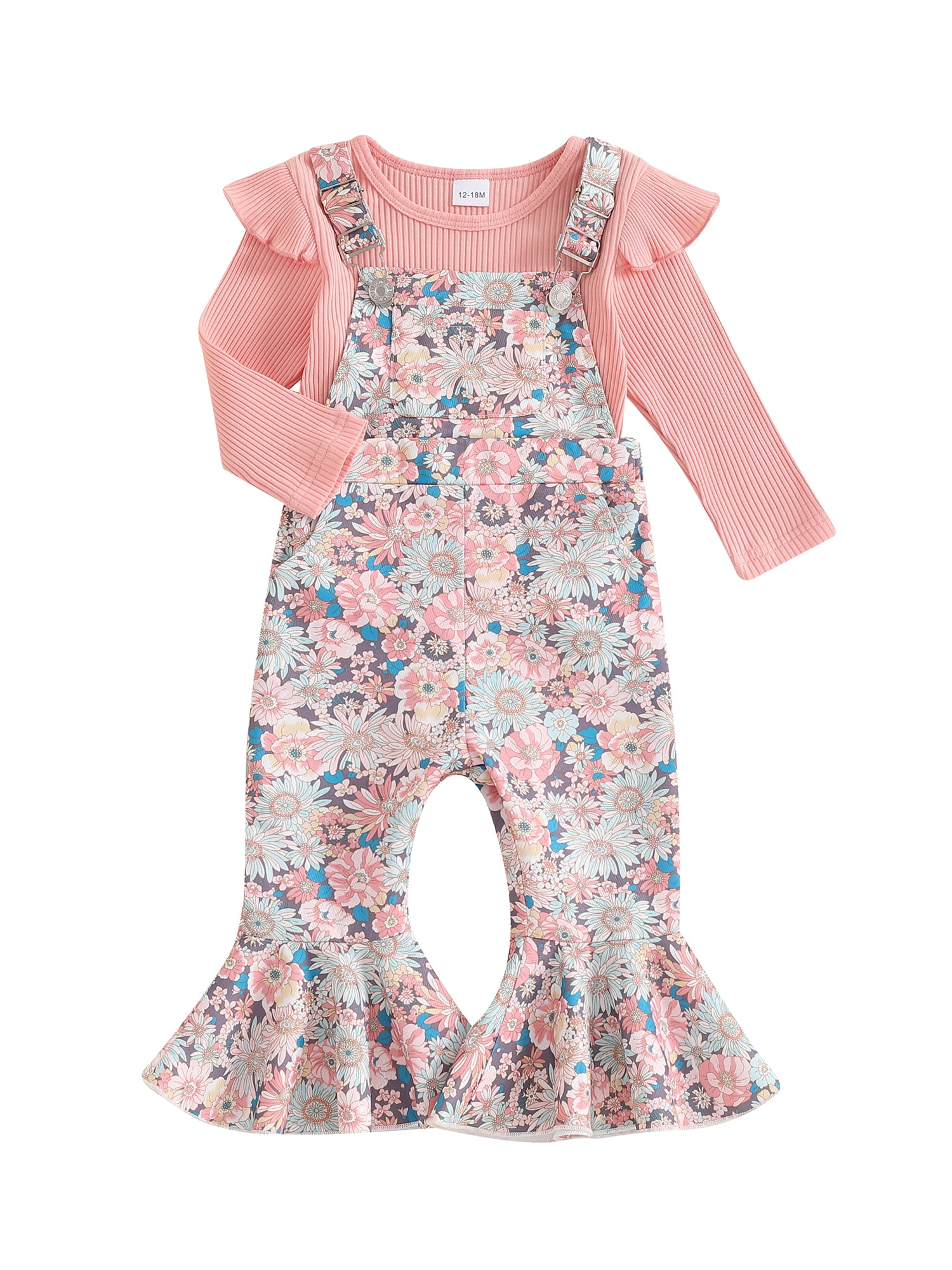 Hirigin Toddler Baby Girl Fall Clothes 1-5 Years Floral Print Overalls Suspender Flare Pants Long Sleeve Ruffle Knit Top 2Pcs Outfits Set