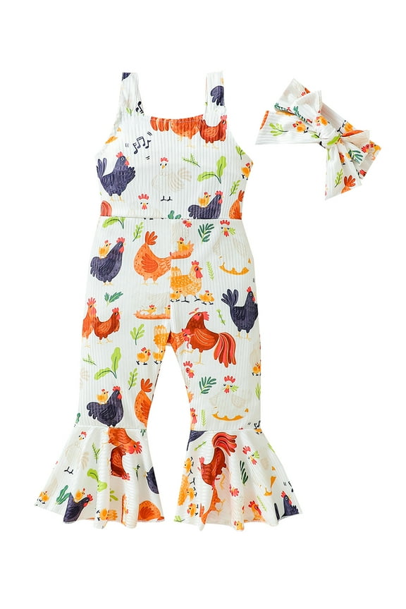 Toddler Baby Girl Farm Outfit Chickens Romper Bell Bottoms Boho Overalls Jumpsuit Flare Pants One Piece Summer Clothes