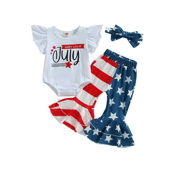 Hirigin Toddler Baby Girl Happy 4th of July Clothes Outfit 6 9 12 18 24 Months Flying Sleeve Romper Star Stripe Flare Pants Headband Set