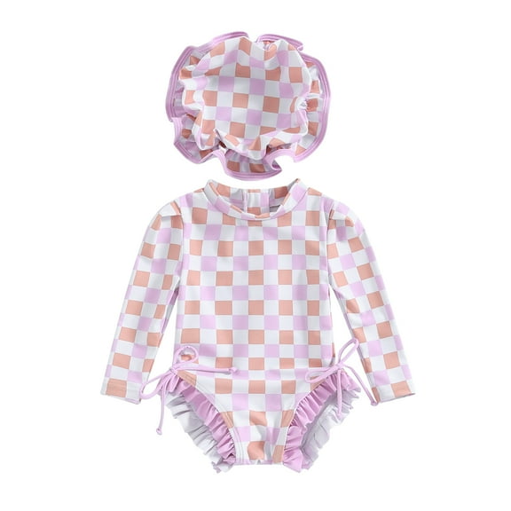 Hirigin Toddler Baby Girl One Piece Swimsuit Long Sleeve Rash Guard Swimwear Summer Bathing Suit with Sun Hat