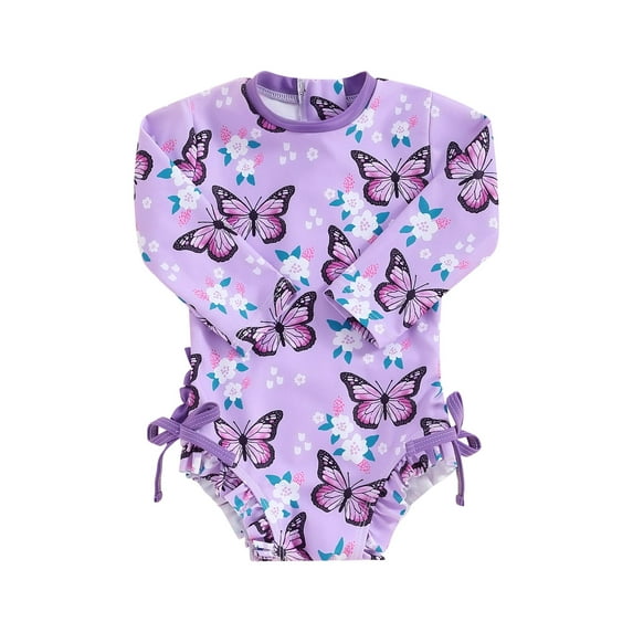 Hirigin Toddler Baby Girl One Piece Swimsuit Ruffles Flower Butterfly Print Long Sleeve Zipper Rash Guard Bathing Suit Swimwear