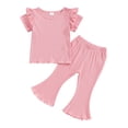 thumbnail image 1 of Hirigin Toddler Baby Girl Spring Fall Outfits Fly Sleeve Solid Color Rib T-Shirts Tops and Flare Pants 1-5 Years Cute Clothes Set, 1 of 8