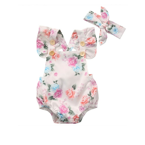 Hirigin Toddler Baby Girl Summer Clothes 6 12 18 24 Months Ruffled Sleeves Floral One Piece Jumpsuit Romper with Headband Set