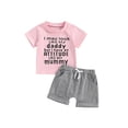 thumbnail image 1 of Hirigin Toddler Baby Girl Summer Clothes 6 12 18 Months 2T 3T 4T Short Sleeve Letter Print Shirt Tops + Solid Color Shorts 2Pcs Outfits Sets, 1 of 8