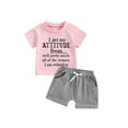 thumbnail image 1 of Hirigin Toddler Baby Girl Summer Clothes 6 12 18 Months 2T 3T 4T Short Sleeve Letter Print Shirt Tops + Solid Color Shorts 2Pcs Outfits Sets, 1 of 8