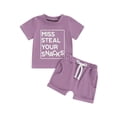 thumbnail image 1 of Hirigin Toddler Baby Girl Summer Clothes Miss Steal Your Snacks Short Sleeve Letter Print Shirt Tops Solid Color Shorts 2Pcs Cute Outfits Sets, 1 of 8
