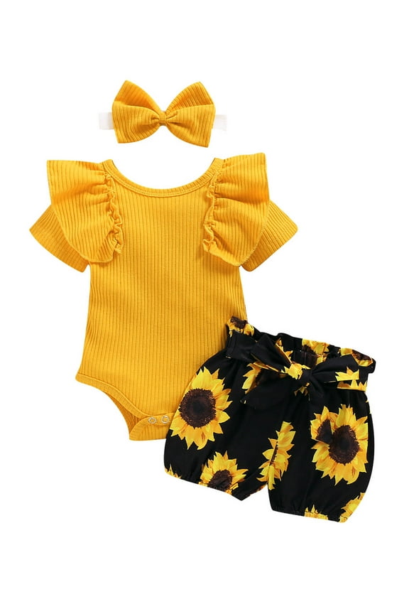 Toddler Baby Girl Summer Clothes Set Short Sleeve Ruffled Bodysuit Romper Sunflower Shorts Headband Set