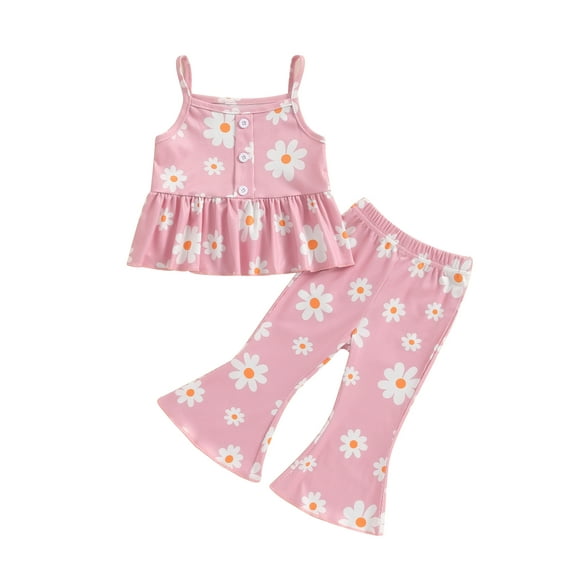 Hirigin Toddler Baby Girl Summer Outfits 6 12 18 Months 2T 3T 4T Floral Print Sling Cami Crop Tops   Flare Pants 2Pcs Clothes Set