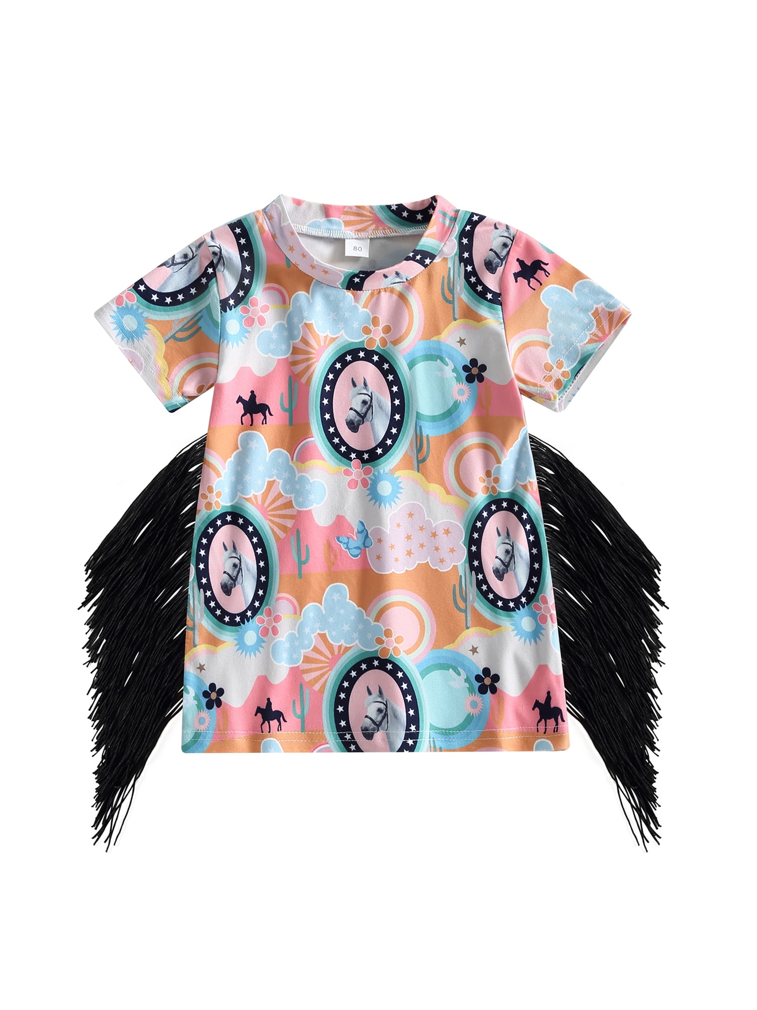 Hirigin Toddler Baby Girl Western Dress, Short Sleeve Round Neck Horse