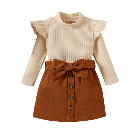 Hirigin Toddler Baby Girls Fall Outfits Knit Ribbed Sweatshirt Shirt Tops Solid Color Belt Skirt 1-6 Years Cute Clothes Set