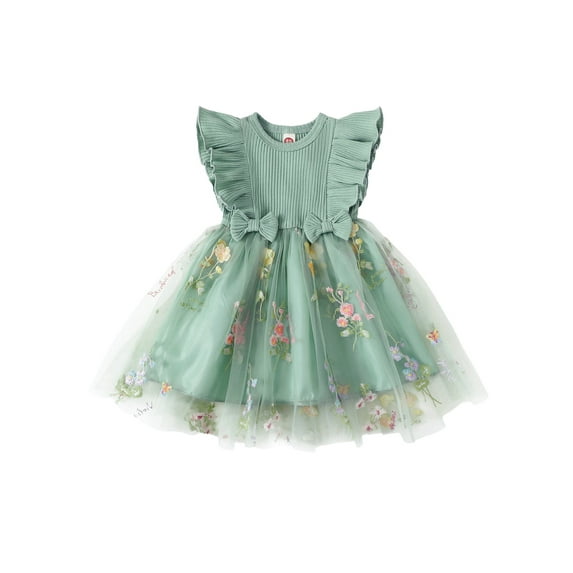 Hirigin Toddler Girls Princess Dress Flower Embroidery Bowknot Fly Sleeve Casual Dress 6 12 18 Months 2T 3T 4T Kids Summer Dress
