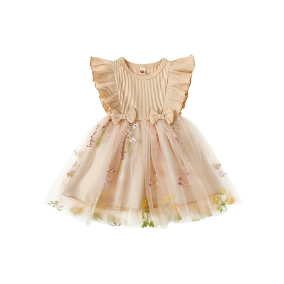 Hirigin Toddler Girls Princess Dress Flower Embroidery Bowknot Fly Sleeve Casual Dress 6 12 18 Months 2T 3T 4T Kids Summer Dress
