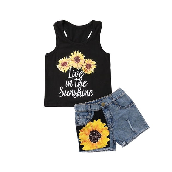 Hirigin Toddler Kids Baby Girl Sunflower Outfits Sleeveless Tank Top Denim Shorts 1-5 Years Summer Clothes