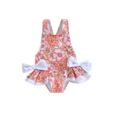 Hirigin Toddler Kids Baby Girl Swimsuit One Piece Ruffle Strawberry/Floral Print 3D Bow Backless Swimwear Bathing Suit 1-6T