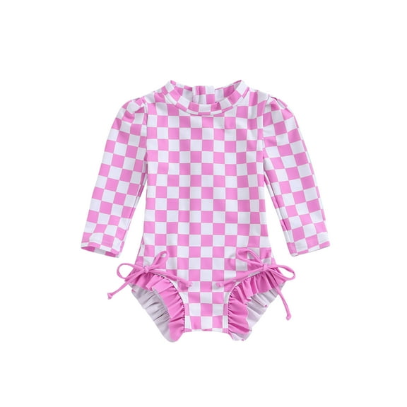 Hirigin Toddler Rash Guard One Piece Swimsuit Baby Girl Long Sleeve Ruffles Swimwear Zipper Bathing Suit Checkerboard Outfit