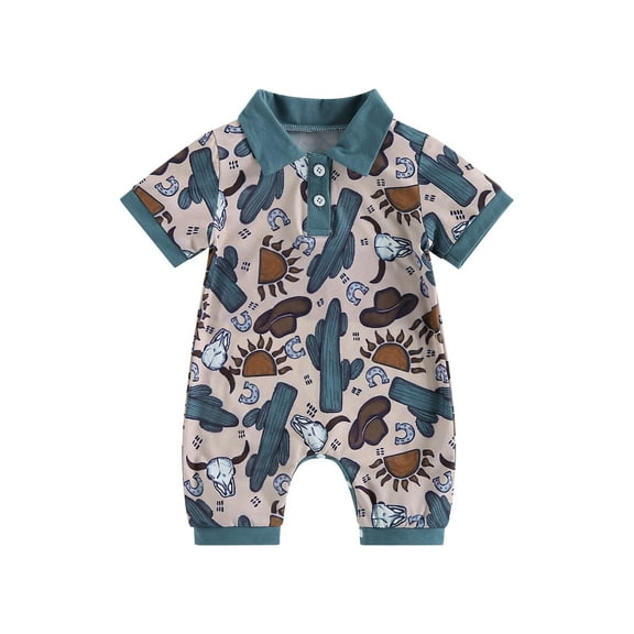 Hirigin Western Baby Boy Summer Clothes 0 3 6 12 18 Months Cow Print Short Sleeve Polo Romper Bodysuit One Piece Jumpsuit Outfits