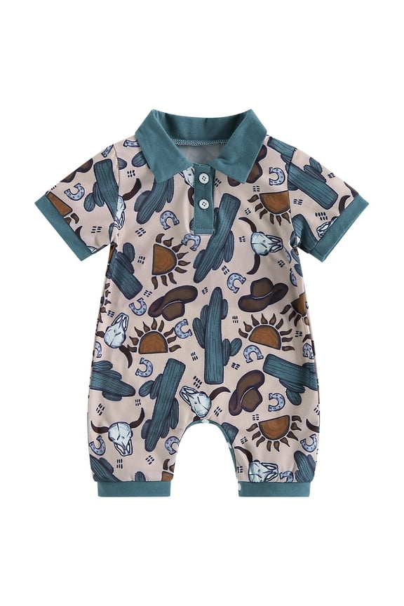 Western Baby Boy Summer Clothes 0 3 6 12 18 Months Cow Print Short Sleeve Polo Romper Bodysuit One Piece Jumpsuit Outfits