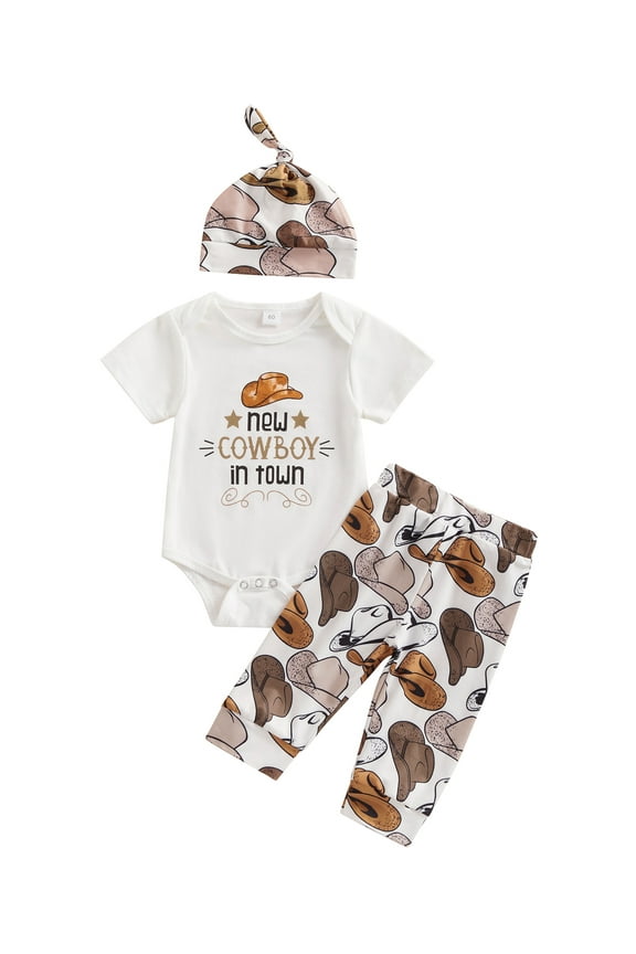 Western Newborn Baby Boys Cowboy Outfits Boots/Hat Print Bodysuit+Long Leggings+Cap 3Pcs Summer Clothes Set