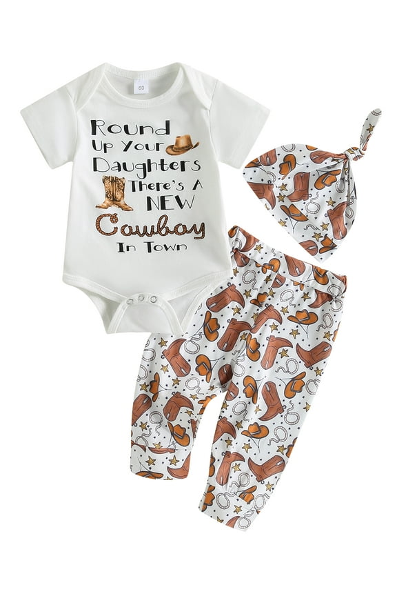 Western Newborn Baby Boys Cowboy Outfits Boots/Hat Print Bodysuit+Long Leggings+Cap 3Pcs Summer Clothes Set