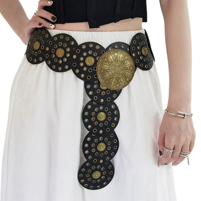 Wide Disc Belt Vintage Boho Leather Western Chunky Waist Belt Metal Buckle Amazon.com: WHIPPY Women Disc Concho Leather Belt Western  main image 4