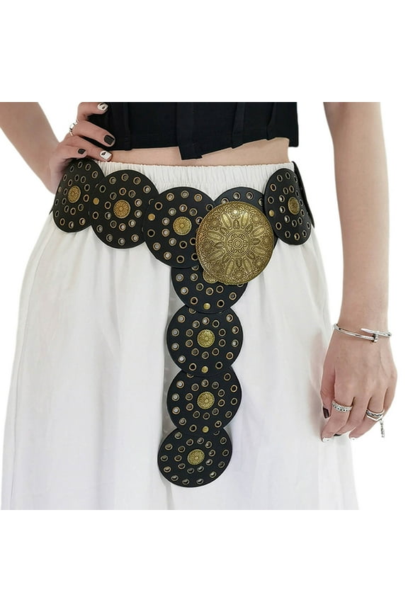 Wide Boho Disc Belt for Women Vintage Concho Leather Disk Belts Western Waist Belts for Dress Jeans